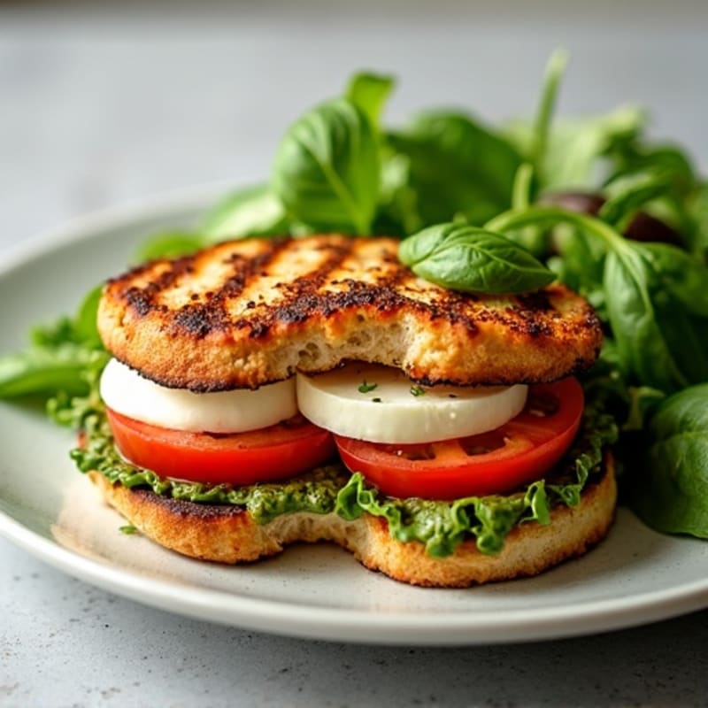 Crispy Grilled Chicken Caprese Sandwich with Fresh Mixed Greens