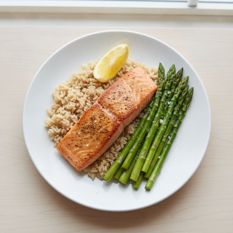 Seared Salmon Fillet with Steamed Asparagus and Brown Rice