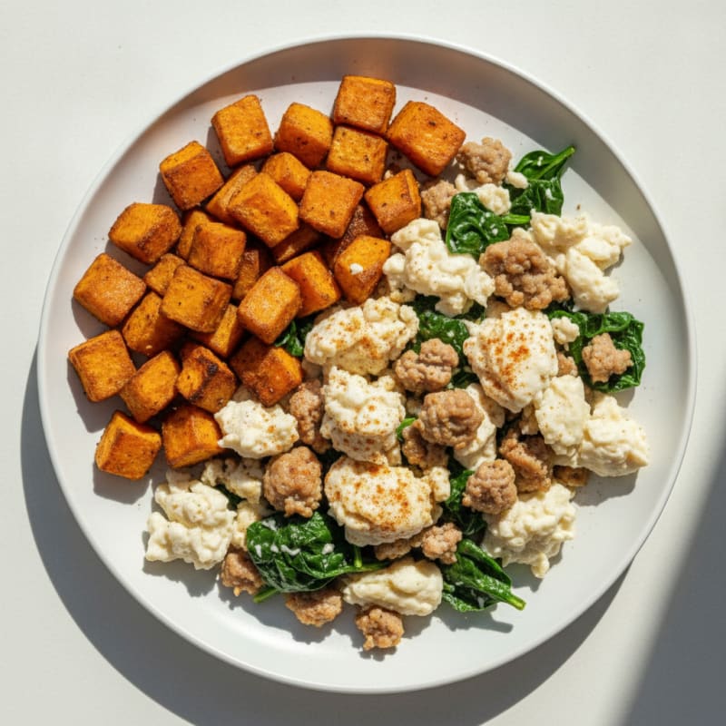 Egg White and Turkey Sausage Scramble with Roasted Sweet Potatoes