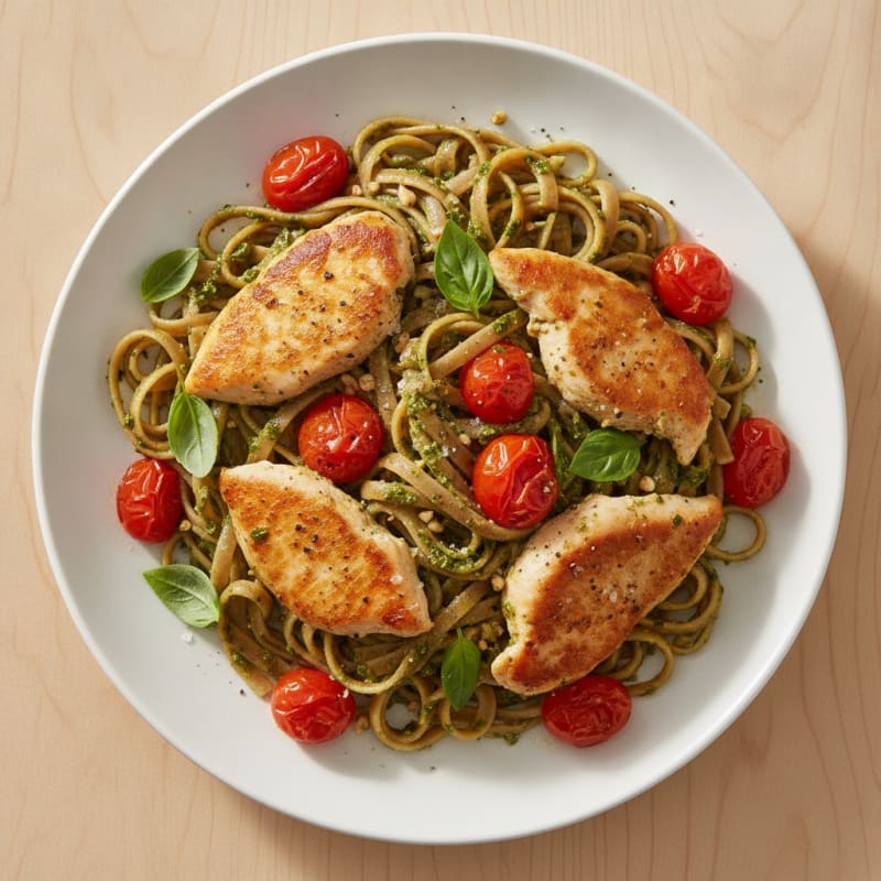 Pesto Chicken Linguine with Blistered Tomatoes