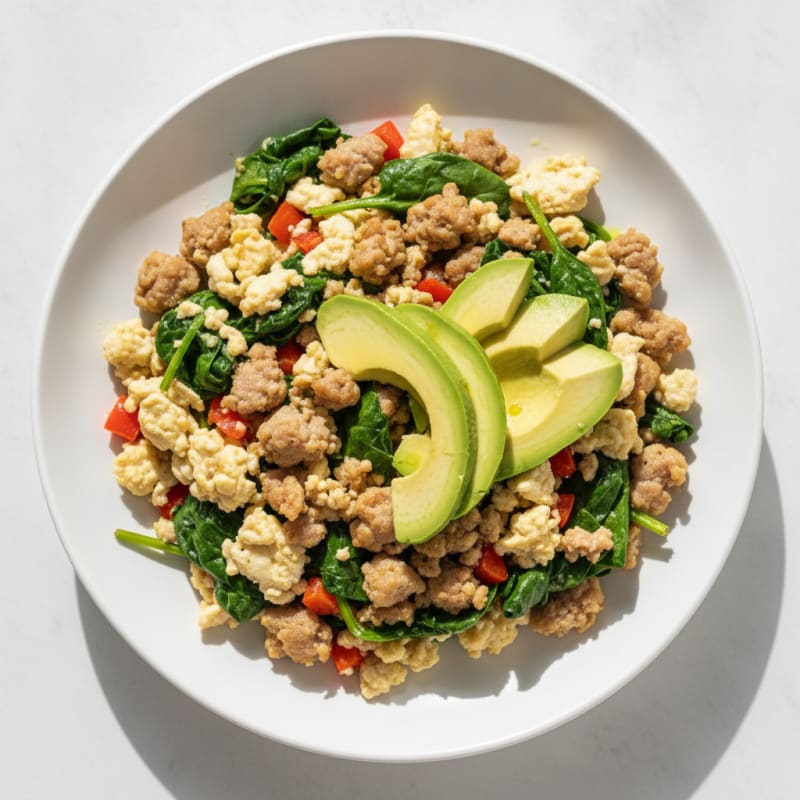 Egg White and Turkey Sausage Scramble with Sautéed Spinach