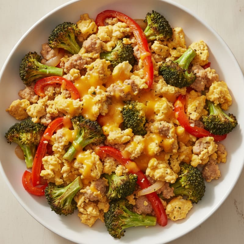 Cheesy Egg and Turkey Scramble with Roasted Broccoli and Bell Peppers