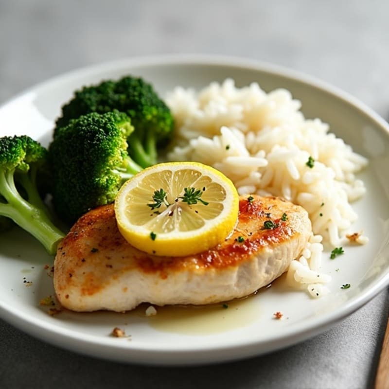 Lemon Garlic Chicken Breast with Roasted Broccoli and White Rice