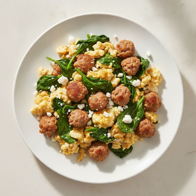 Egg White and Turkey Sausage Scramble with Sautéed Spinach