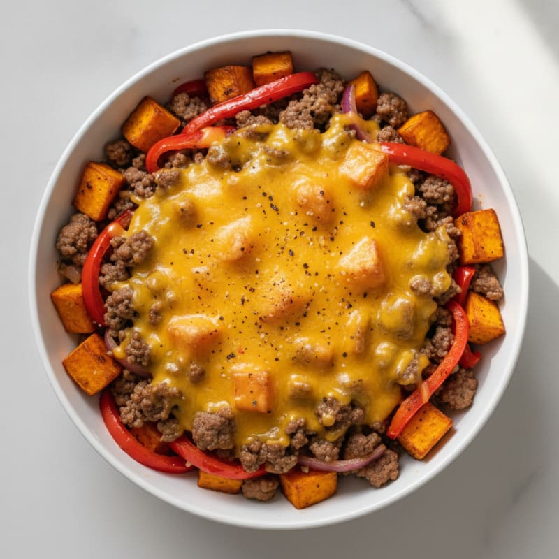 Cheesy Beef and Sweet Potato Bowl