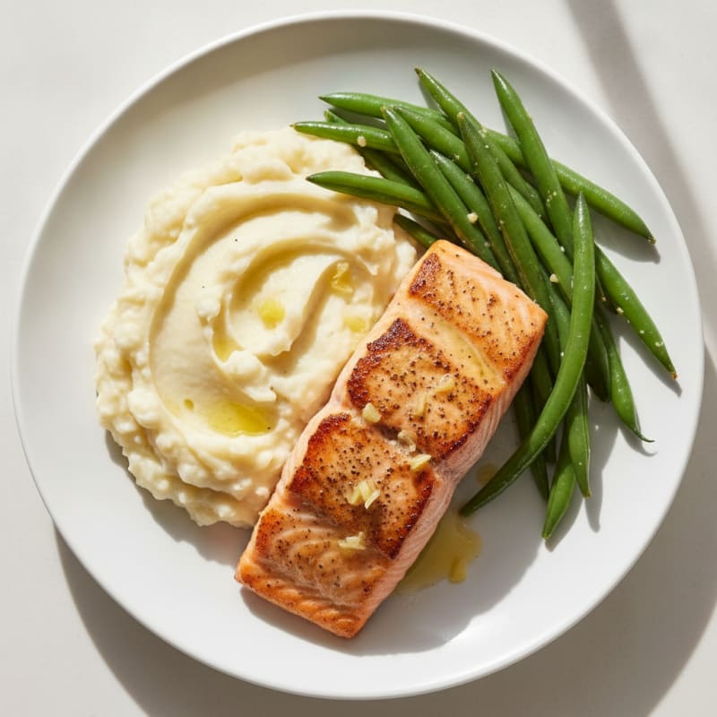 Seared Salmon Fillet with Steamed Green Beans and Garlic Mashed Potatoes
