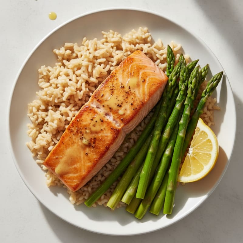 Seared Salmon Fillet with Steamed Asparagus and Brown Rice