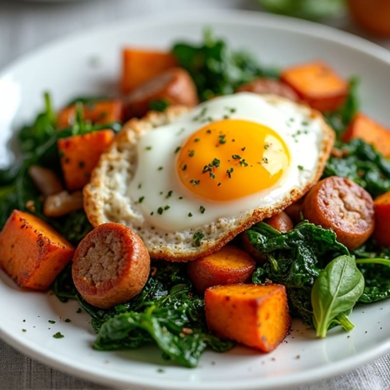 Crispy Sweet Potato and Egg Skillet with Lean Chicken Sausage