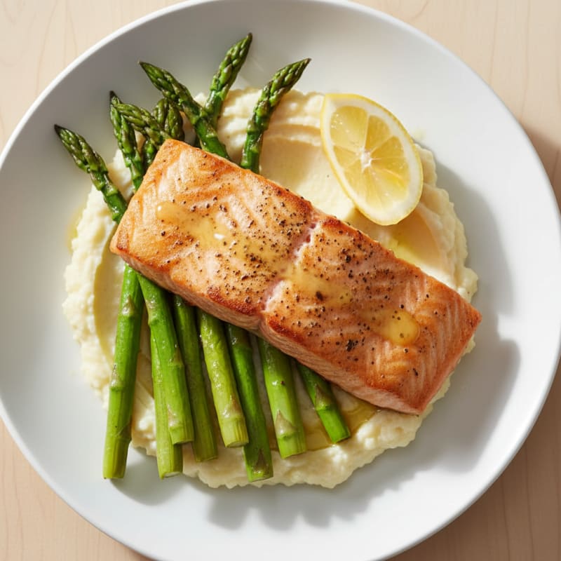 Seared Salmon with Roasted Asparagus and Cauliflower Mash