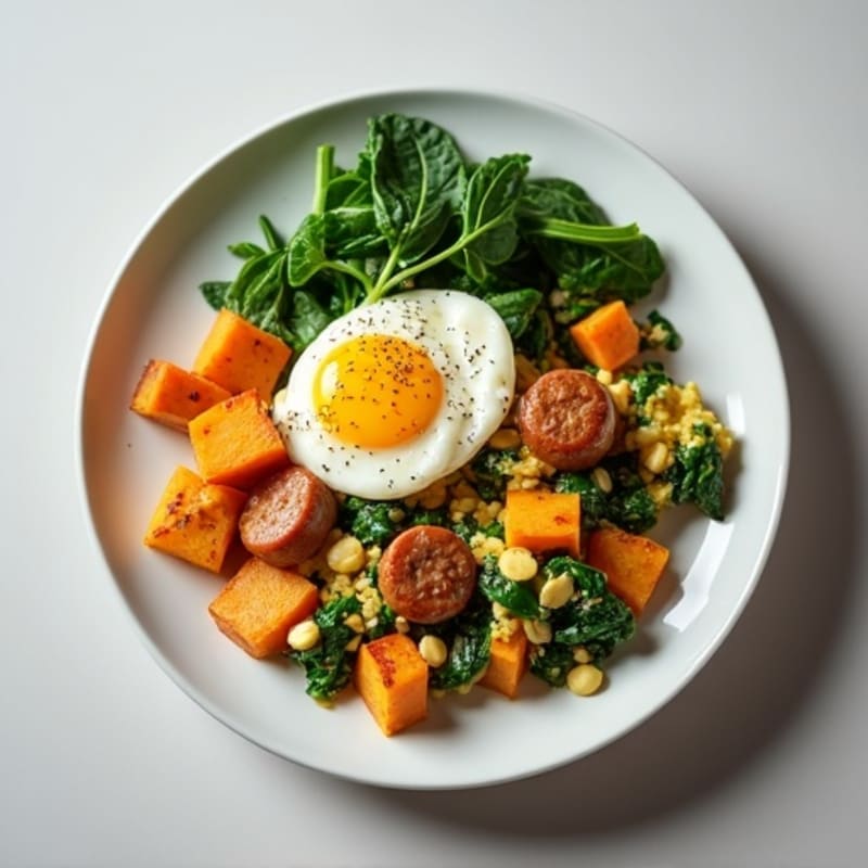 Egg White and Turkey Sausage Scramble with Spinach and Roasted Sweet Potato