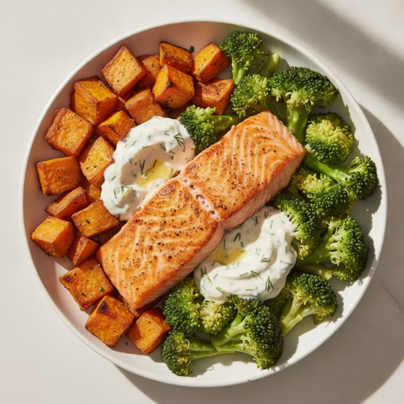 Seared Salmon with Roasted Sweet Potato and Steamed Broccoli