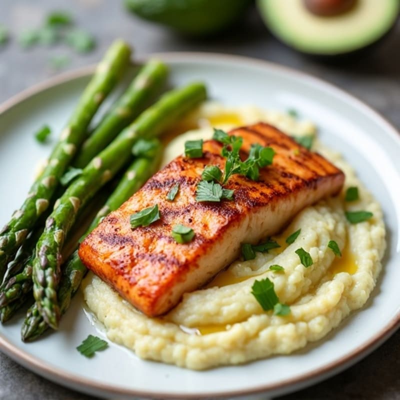 Seared Salmon with Steamed Asparagus and Cauliflower Mash