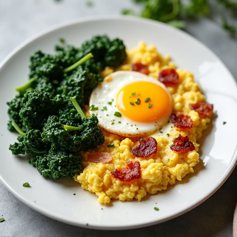 Cottage Cheese Egg Scramble with Sautéed Spinach and Turkey Bacon