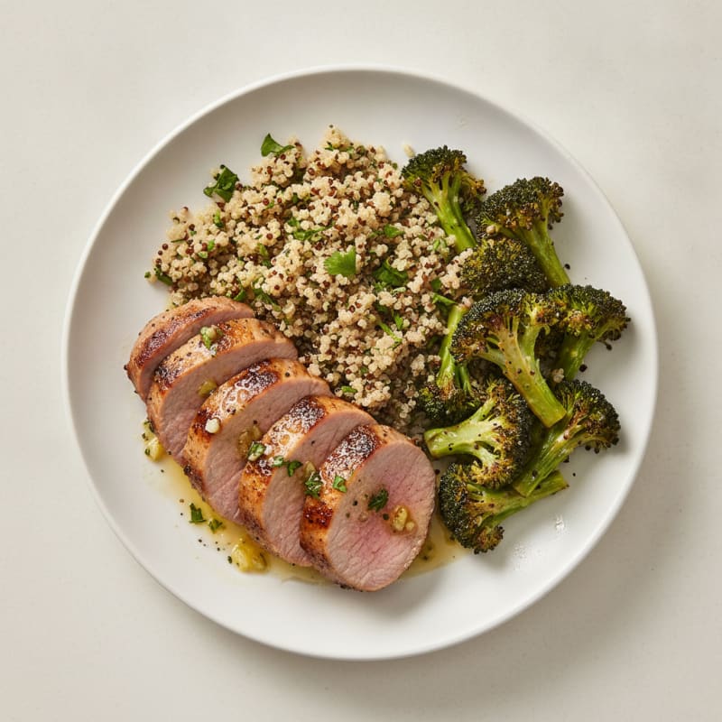 Grilled Pork Tenderloin with Roasted Broccoli and Quinoa