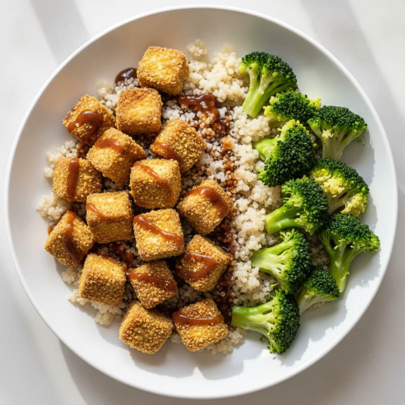 Crispy Baked Tofu with Quinoa and Steamed Broccoli