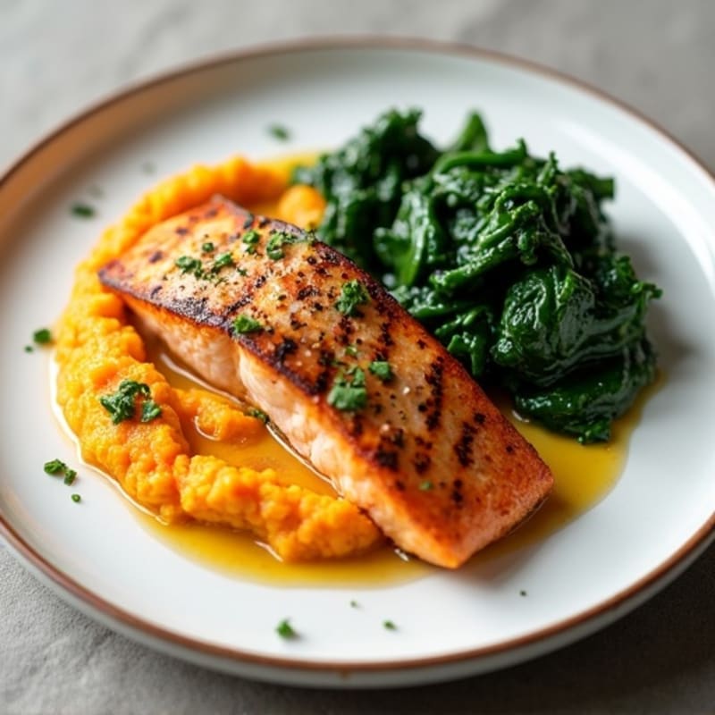 Seared Salmon with Garlic Sautéed Spinach and Sweet Potato Mash