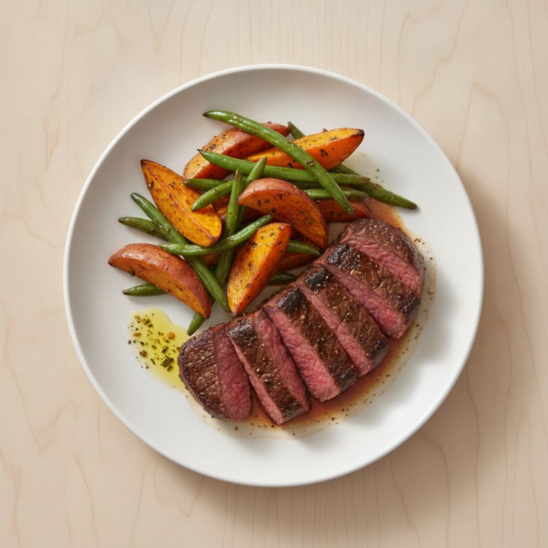 Seared Steak with Roasted Sweet Potatoes and Green Beans