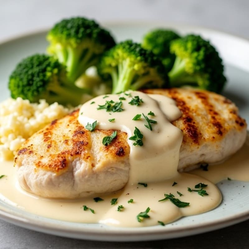 Chicken with Creamy Cashew Alfredo and Roasted Broccoli