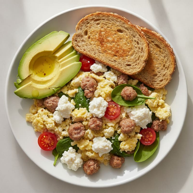 Egg White Scramble with Turkey Sausage and Cottage Cheese