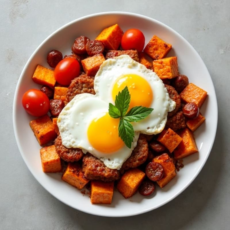 Crispy Sweet Potato Hash with Tomato and Baked Eggs