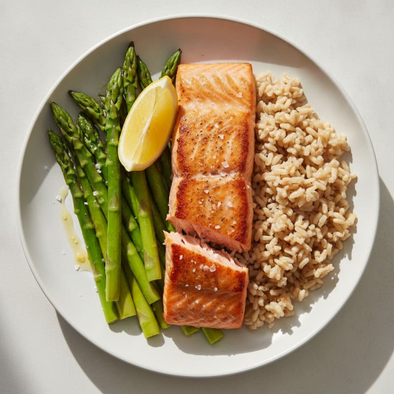 Seared Salmon with Steamed Asparagus and Brown Rice