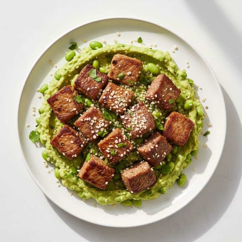 Beyond Steak with Avocado Edamame Mash