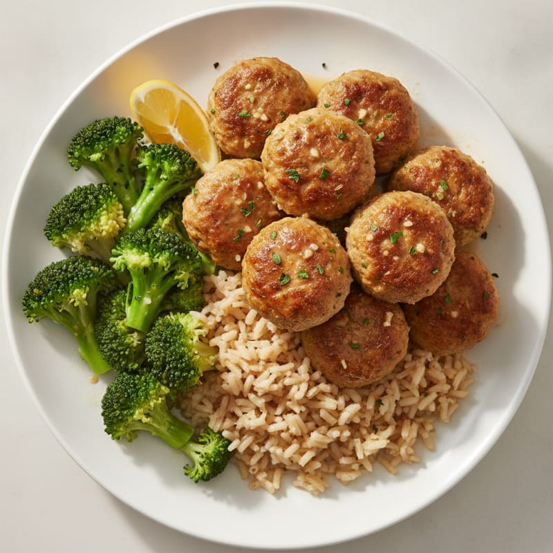 Baked Turkey Meatballs with Brown Rice and Steamed Broccoli