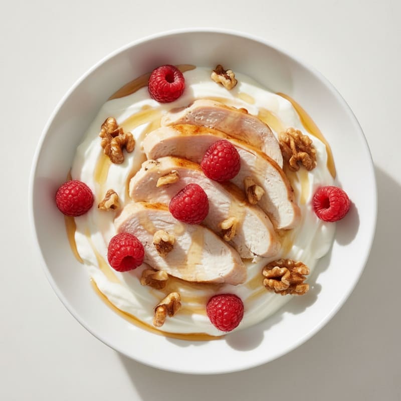 Creamy Greek Yogurt Bowl with Sliced Chicken Breast and Berries