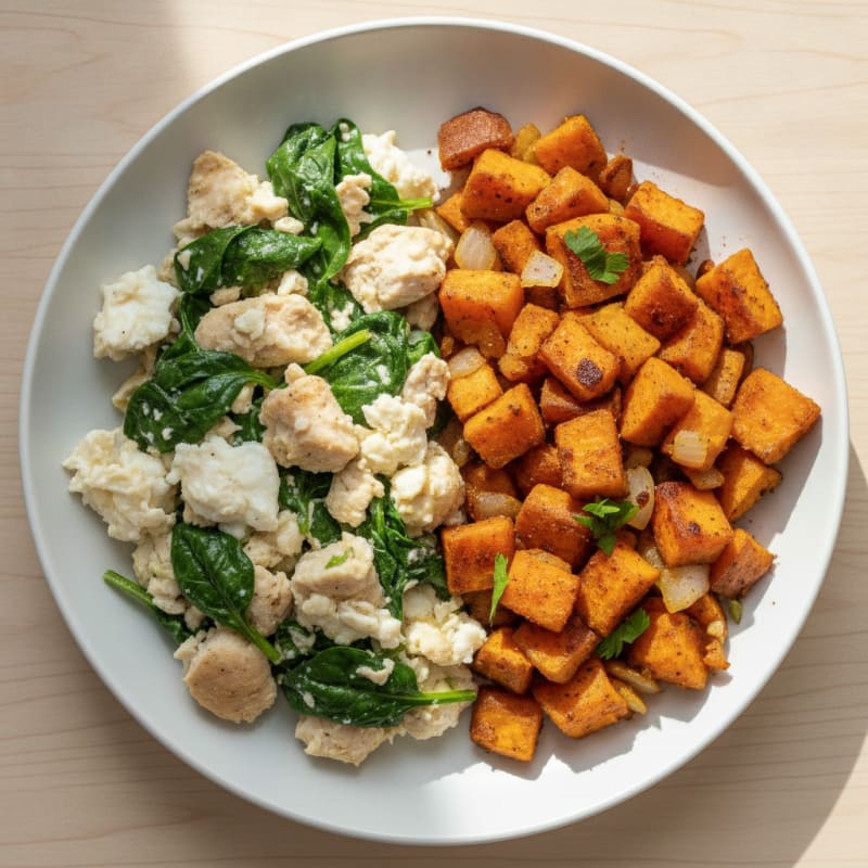 Chicken Egg White Scramble with Spinach and Sweet Potato Hash