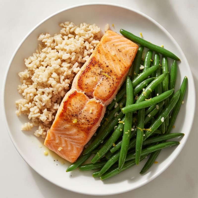 Seared Salmon with Garlic Green Beans and Brown Rice