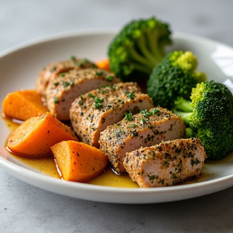 Herb-Crusted Pork Loin with Roasted Sweet Potatoes and Crispy Broccoli