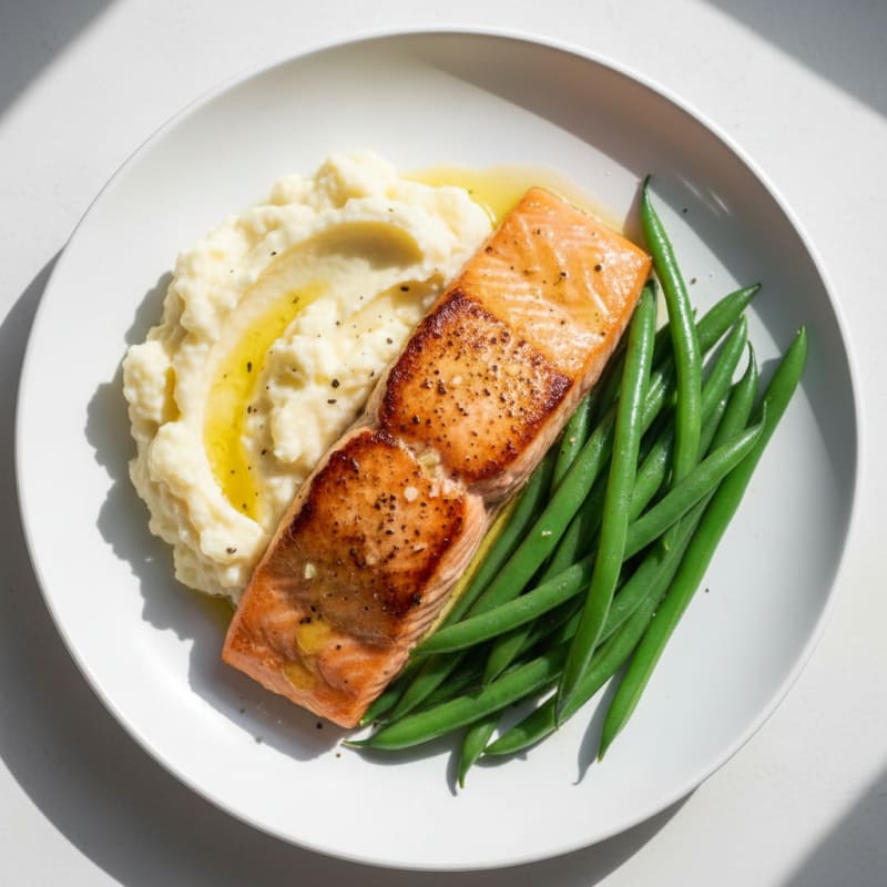 Seared Salmon with Steamed Green Beans and Garlic Mashed Cauliflower