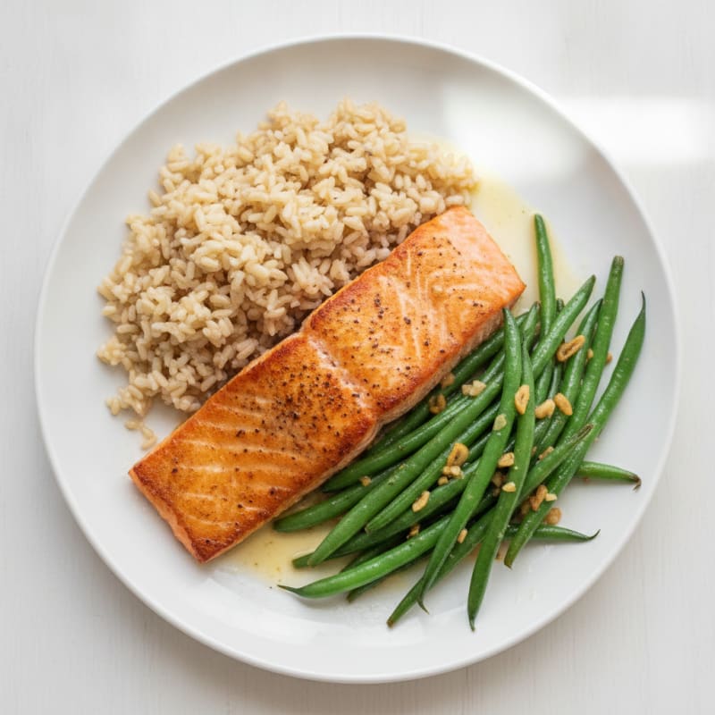 Seared Salmon with Garlic Green Beans and Brown Rice
