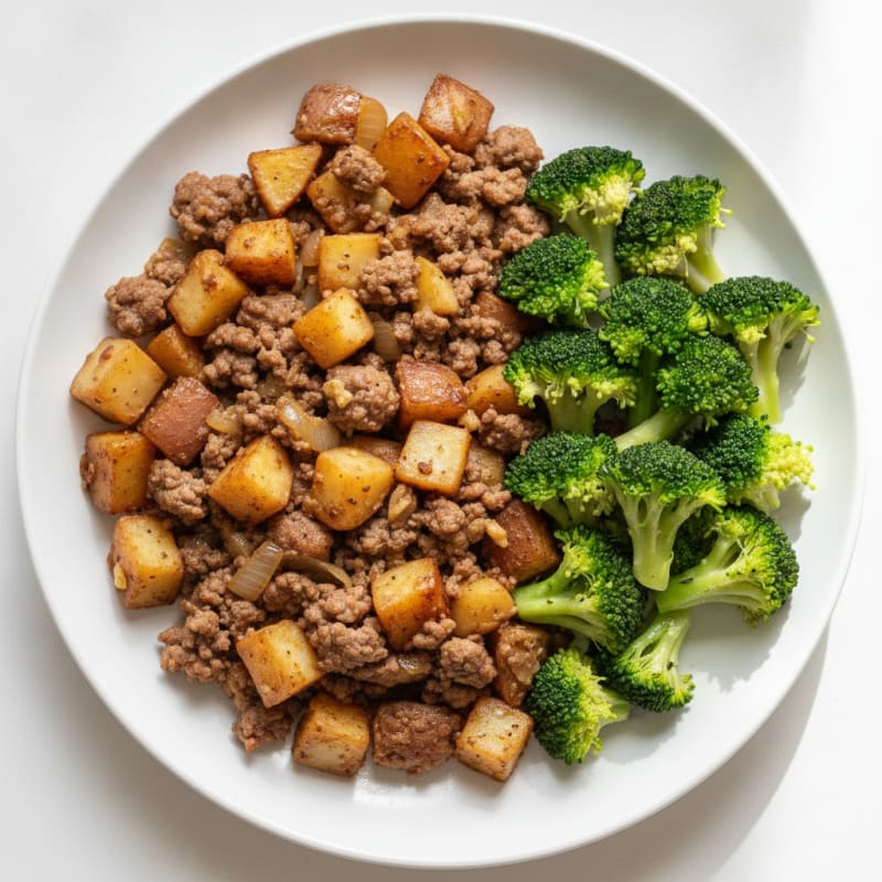 Lean Beef and Potato Skillet with Steamed Broccoli