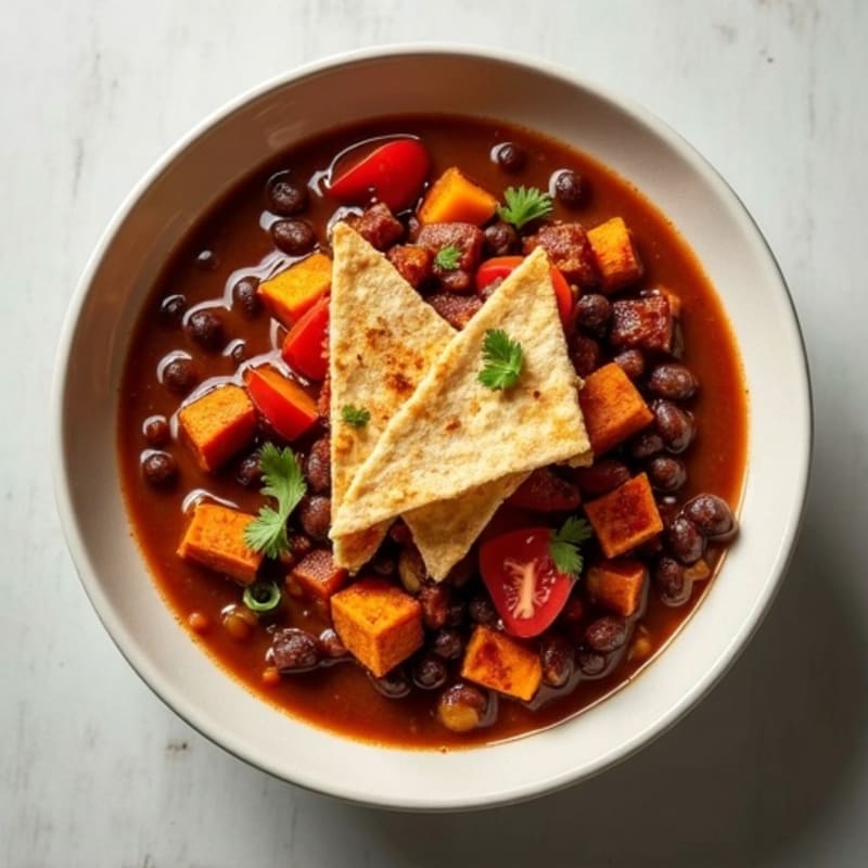 Hearty Cocoa-Spiced Black Bean and Sweet Potato Chili with Crispy Tortilla Strips