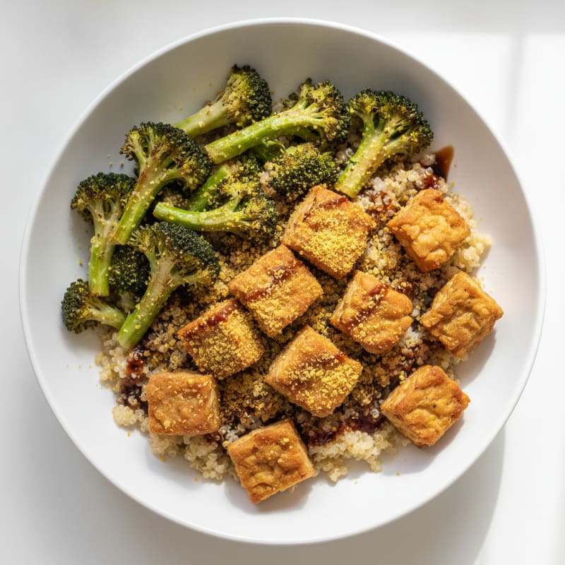 Crispy Tempeh Power Bowl with Quinoa and Roasted Broccoli