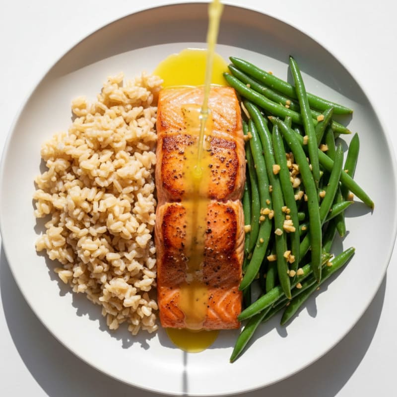 Seared Salmon Fillet with Garlic Green Beans and Brown Rice