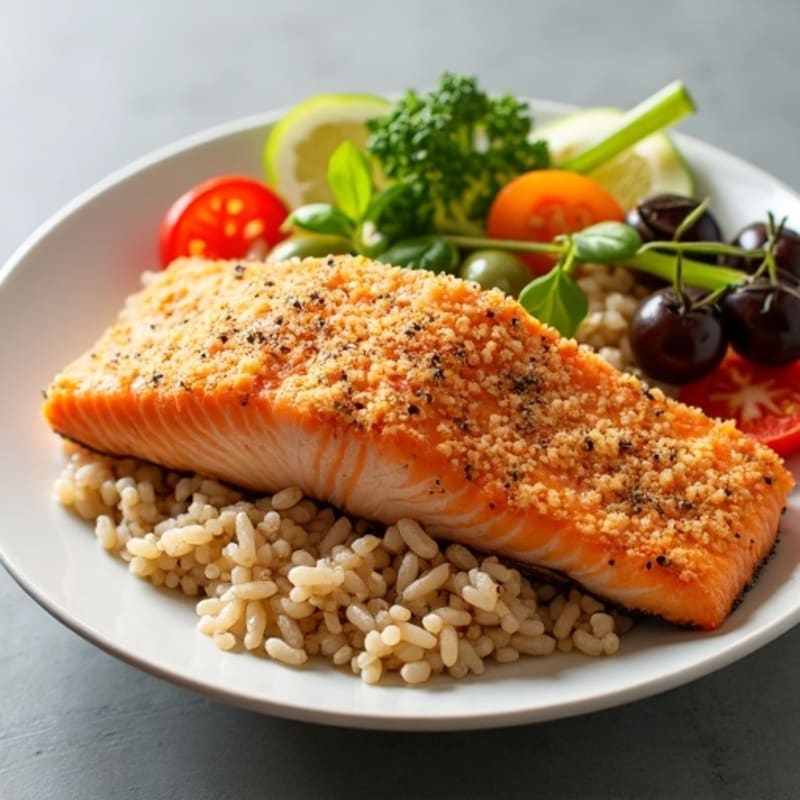 Crispy Salmon Fresh Vegetable Rice Bowl