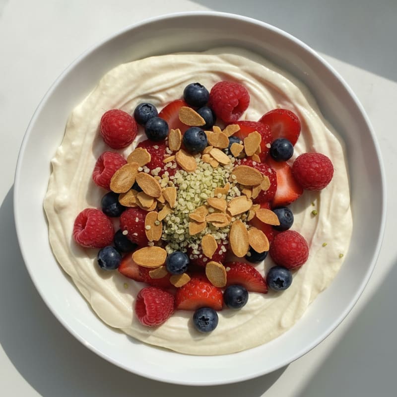 Silky Protein Yogurt Bowl with Mixed Berries and Almonds