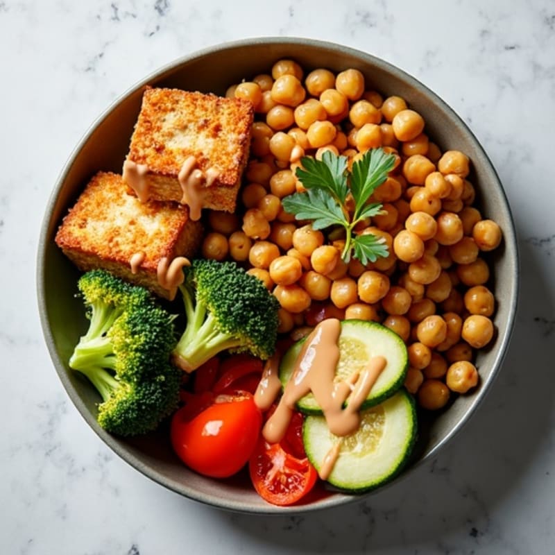 Crispy Tofu Buddha Bowl with Roasted Vegetables and Creamy Tahini Drizzle