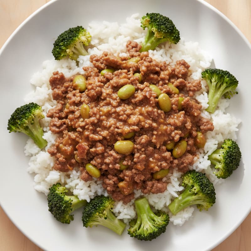 Asian Ground Beef and Rice Bowl with Steamed Broccoli