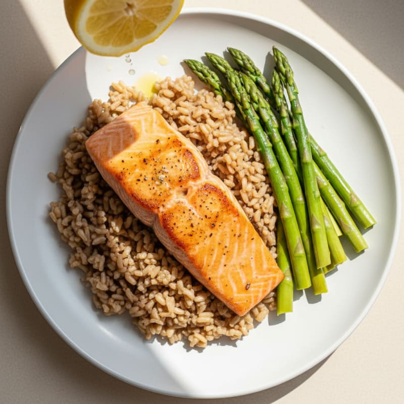 Seared Salmon Fillet with Steamed Asparagus and Brown Rice
