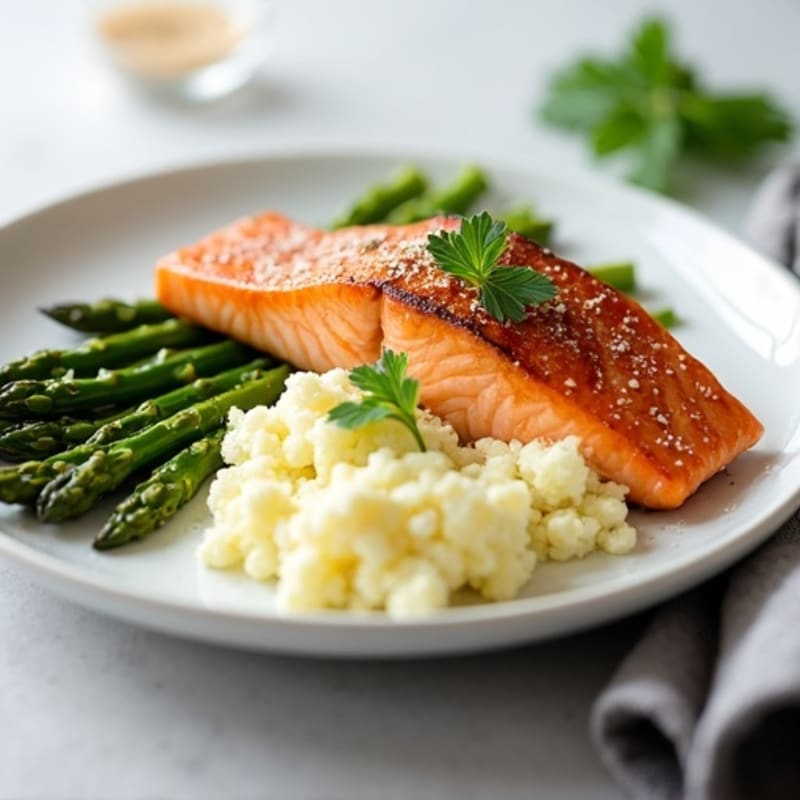 Seared Salmon Fillet with Steamed Asparagus and Garlic Mashed Cauliflower