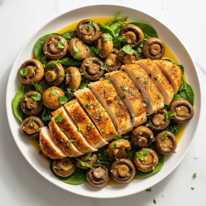Roasted Garlic Butter Mushrooms with Herb-Crusted Chicken