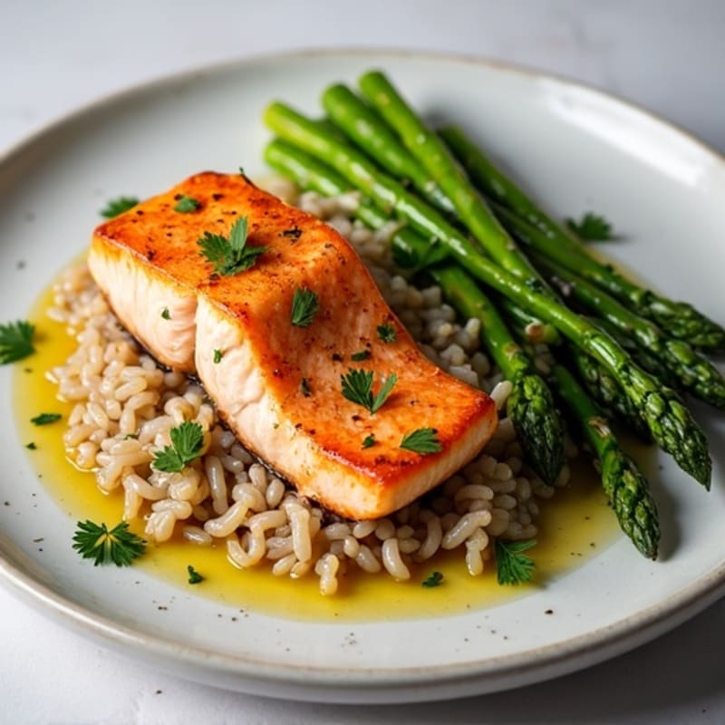 Seared Salmon Fillet with Herbed Brown Rice and Steamed Asparagus
