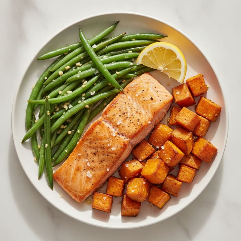 Seared Salmon with Garlic Green Beans and Roasted Sweet Potatoes