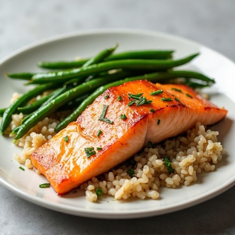 Seared Salmon with Garlic Green Beans and Wild Rice