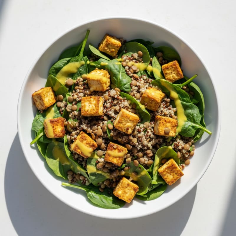 Lentil and Quinoa Salad with Roasted Tofu and Spinach
