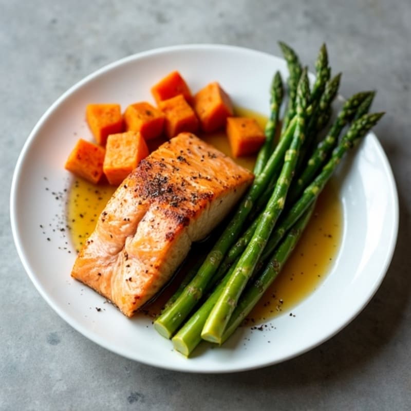 Seared Salmon with Roasted Sweet Potatoes and Asparagus