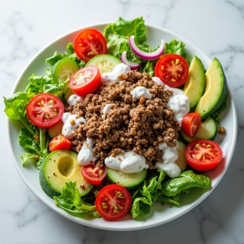 Lean Ground Beef Salad with Fresh Veggies and Creamy Tangy Dressing
